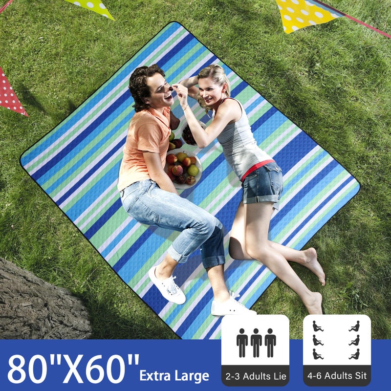 HX&OD بطانية نزهة كبيرة في الهواء الطلق 80 × 60 حصيرة نزهة مقاومة للماء قابلة للطي 3 طبقات بطانية تخييم محمولة مع بطانية حديقة بحزام للحمل للعشب (أزرق) - Image 2